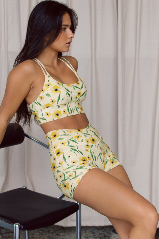 Meadow V-front High-waisted Yellow Floral Shorts
