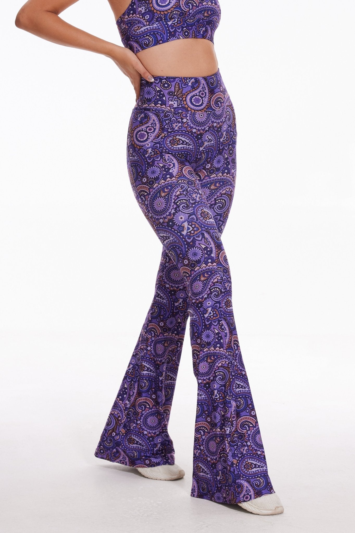 Dark Purple Paisleys High - waisted Flare Leggings - MYSILVERWIND