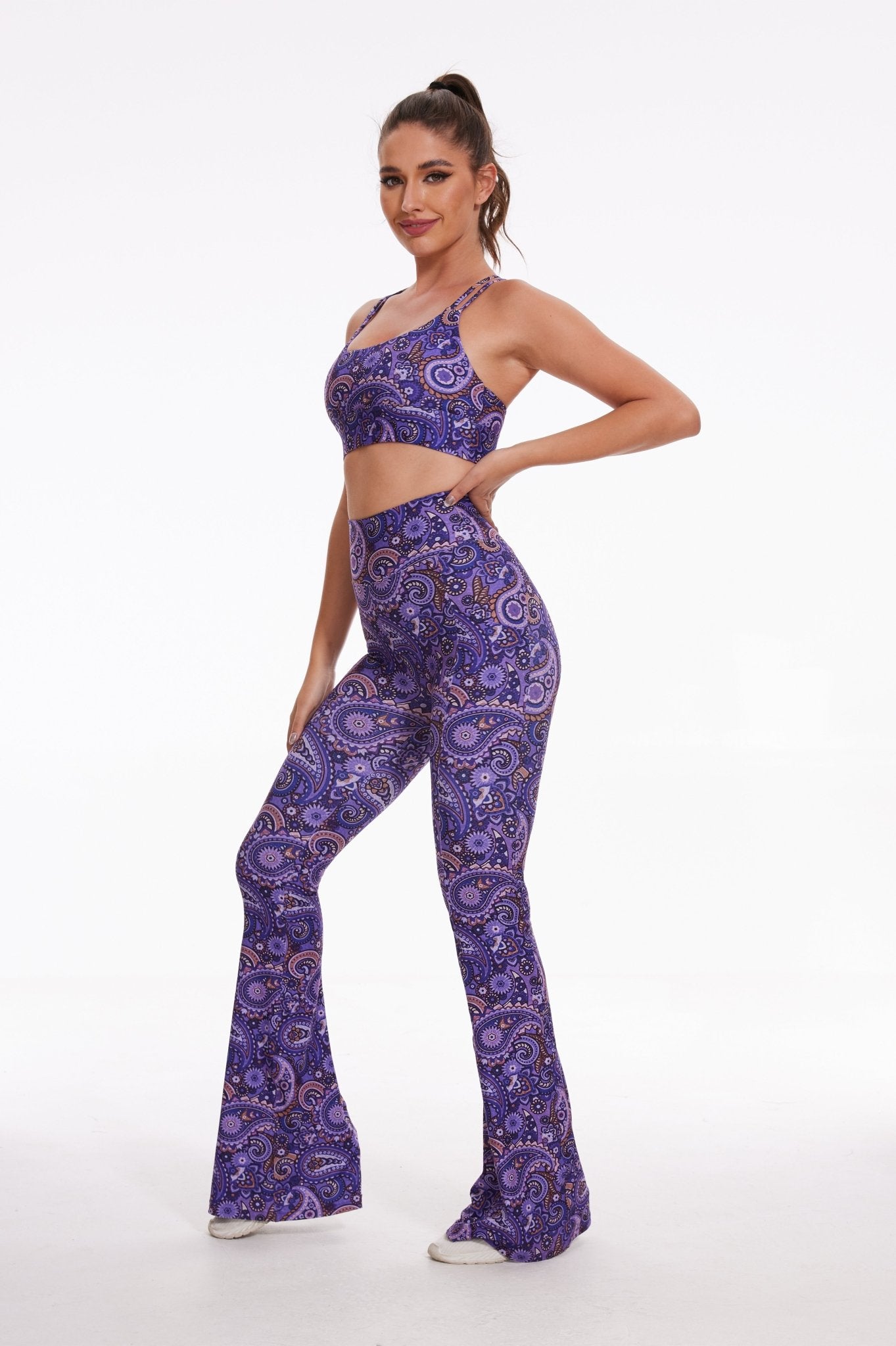 Dark Purple Paisleys High - waisted Flare Leggings - MYSILVERWIND