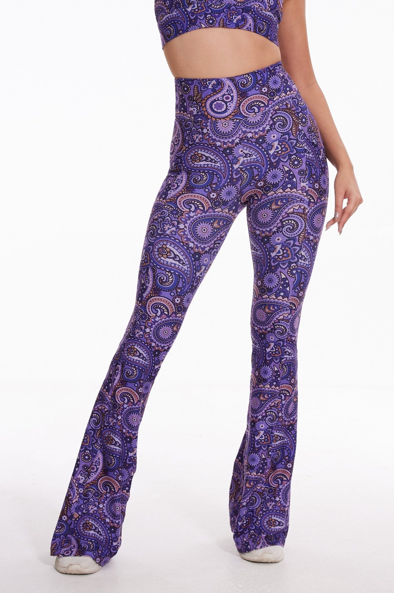 Dark Purple Paisleys High - waisted Flare Leggings - MYSILVERWIND