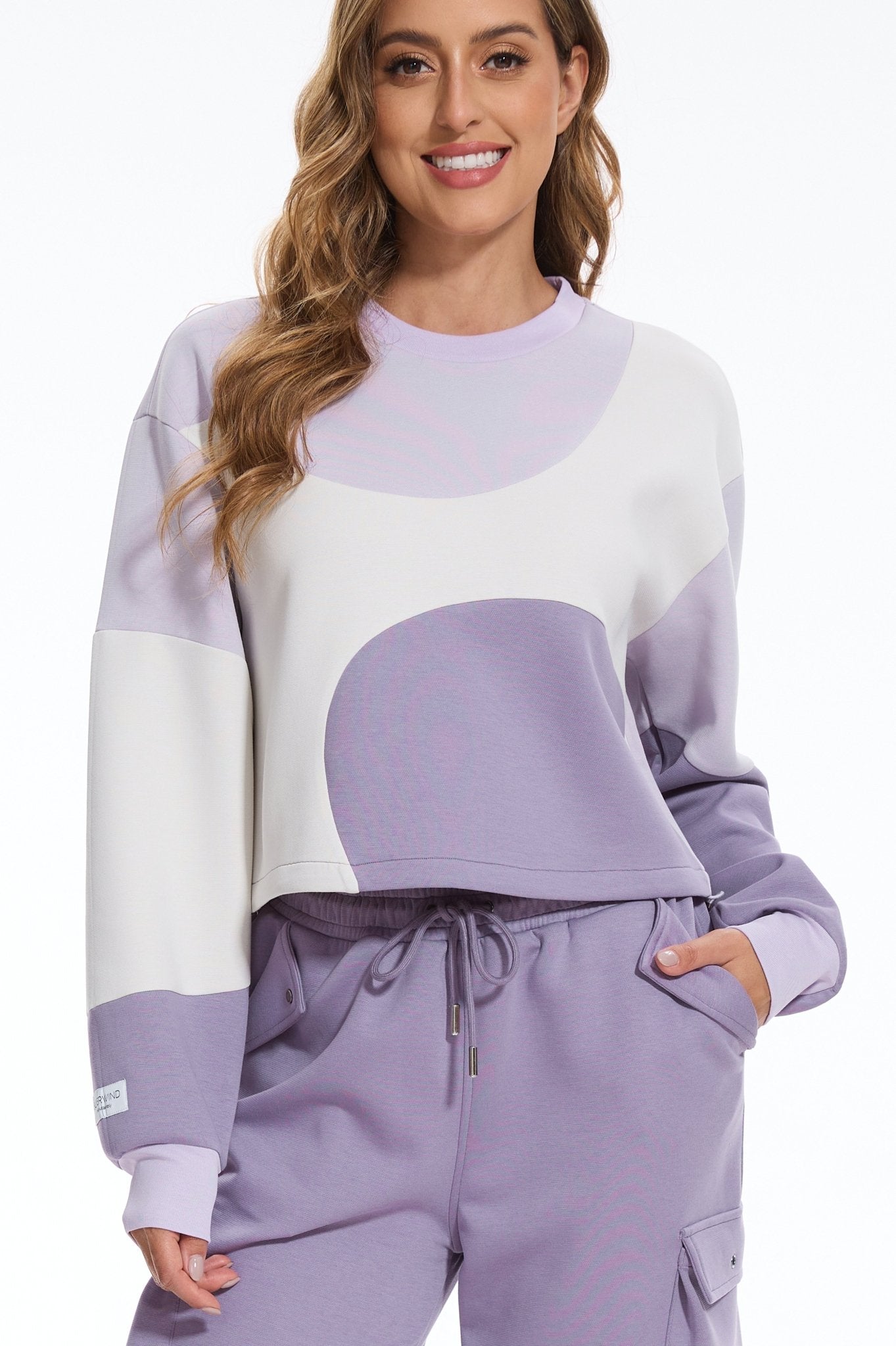 Make Wave Long Sleeve Colorblock Sweatshirt - Purple - MYSILVERWIND