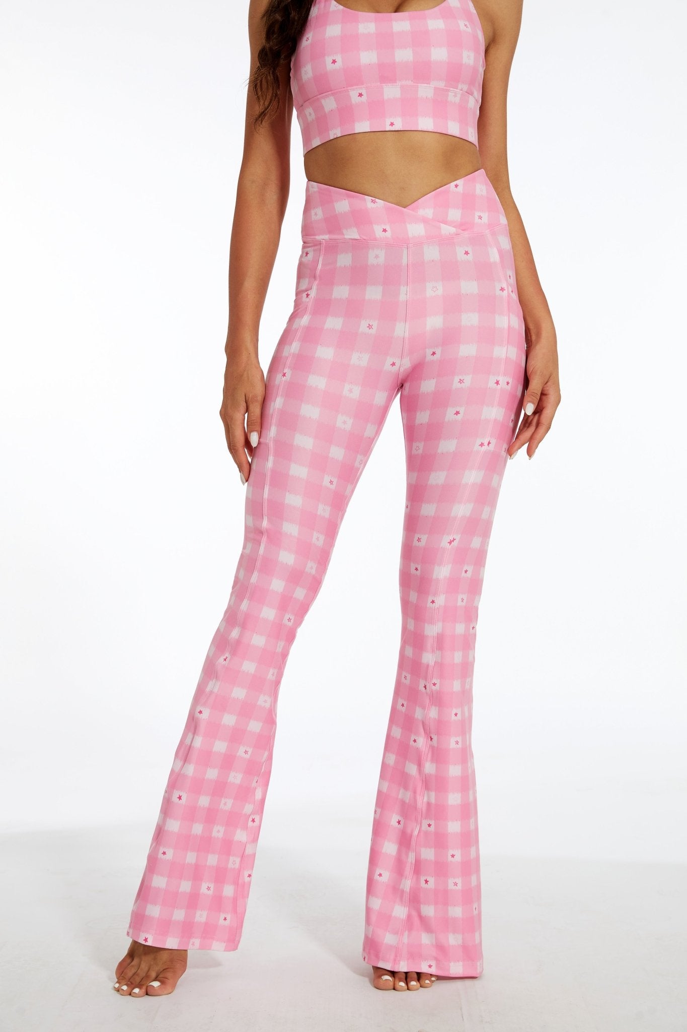 Pink Stars Crossover Flare Leggings - MYSILVERWIND