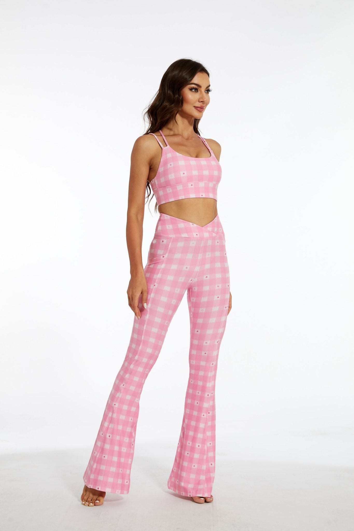 Pink Stars Crossover Flare Leggings - MYSILVERWIND