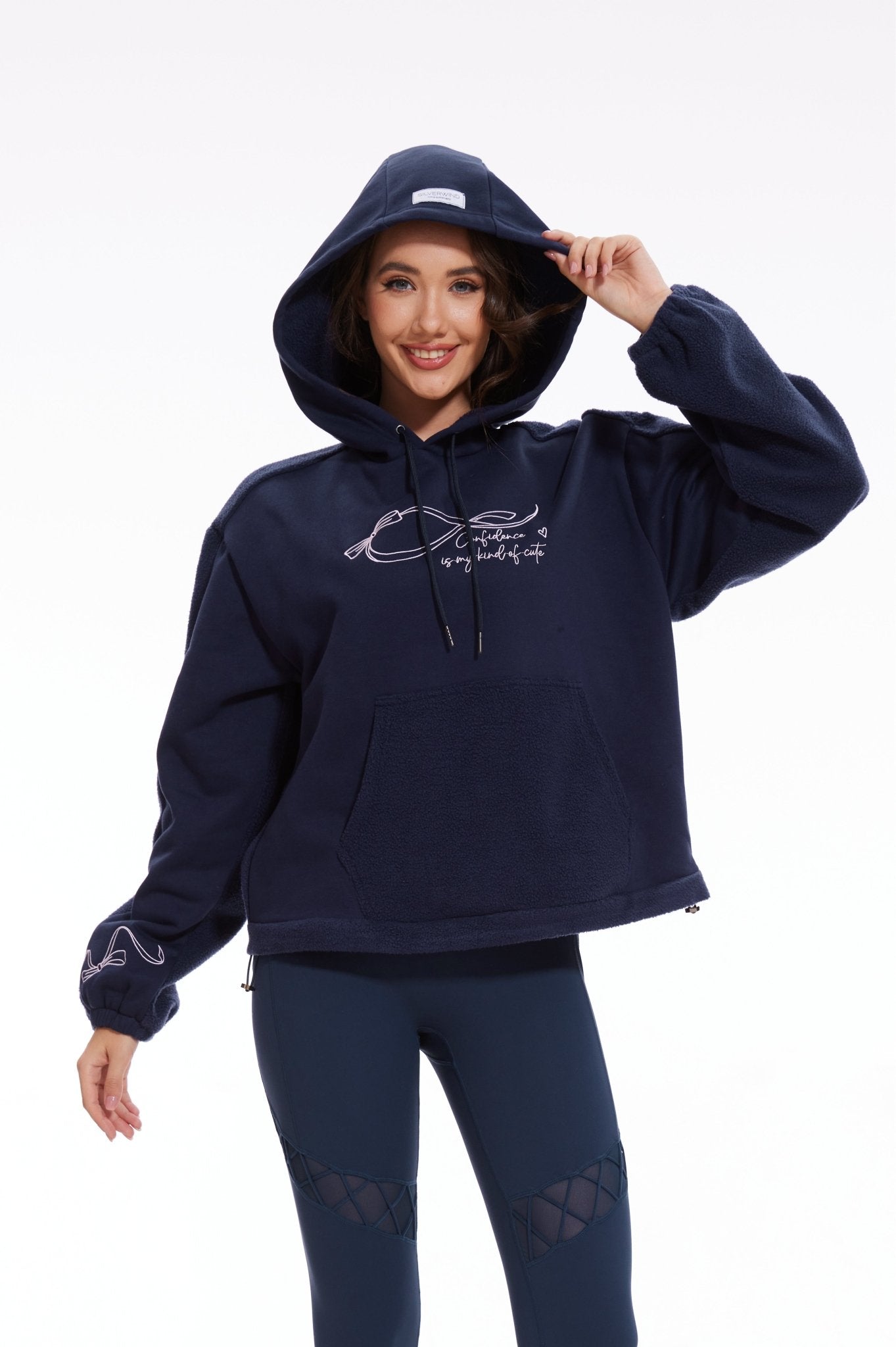 Ribbon Dropped Shoulder Loose Kangaroo Hooded Fleece Sweatshirt - Navy Blue - MYSILVERWIND