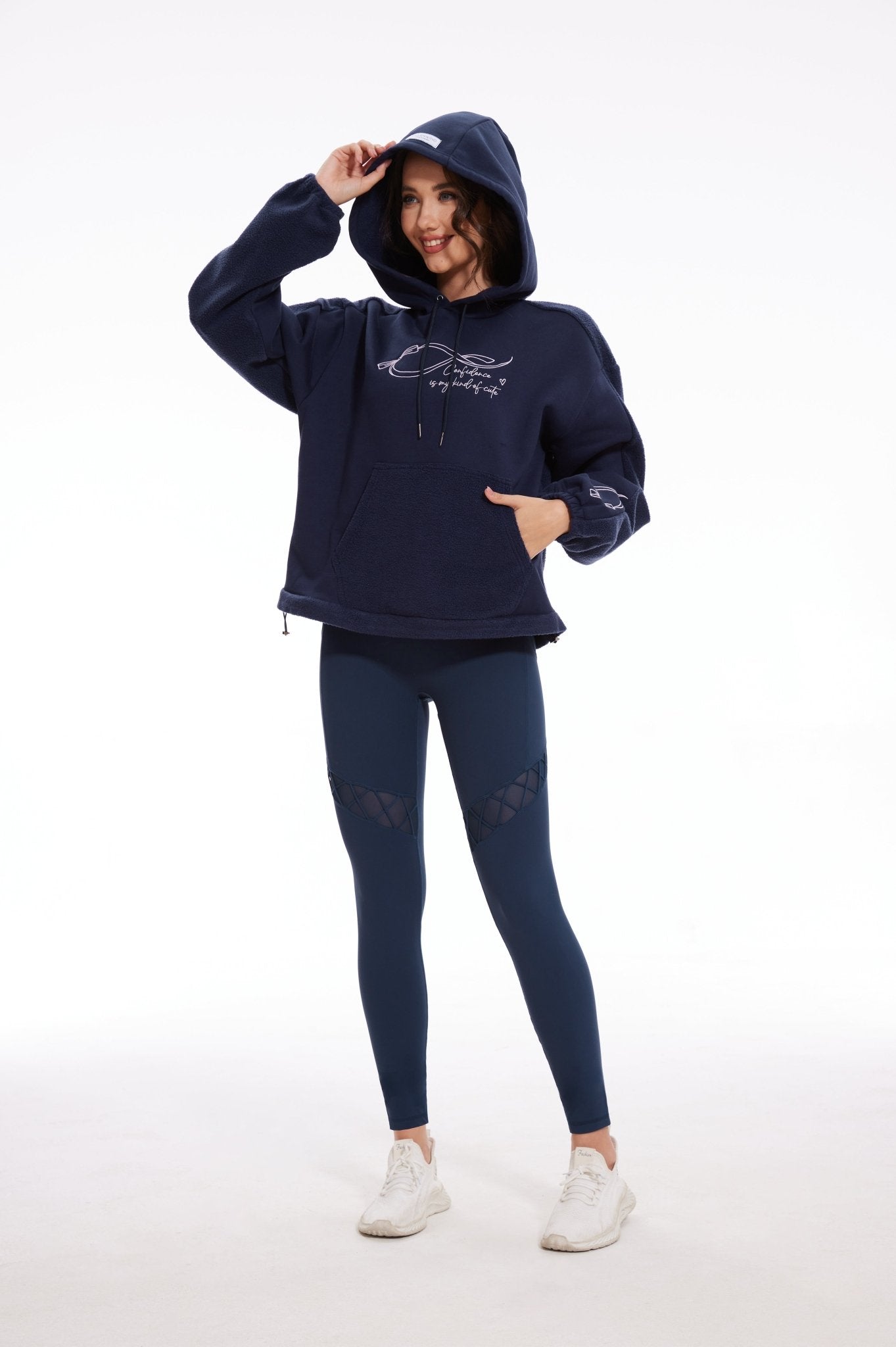 Ribbon Dropped Shoulder Loose Kangaroo Hooded Fleece Sweatshirt - Navy Blue - MYSILVERWIND