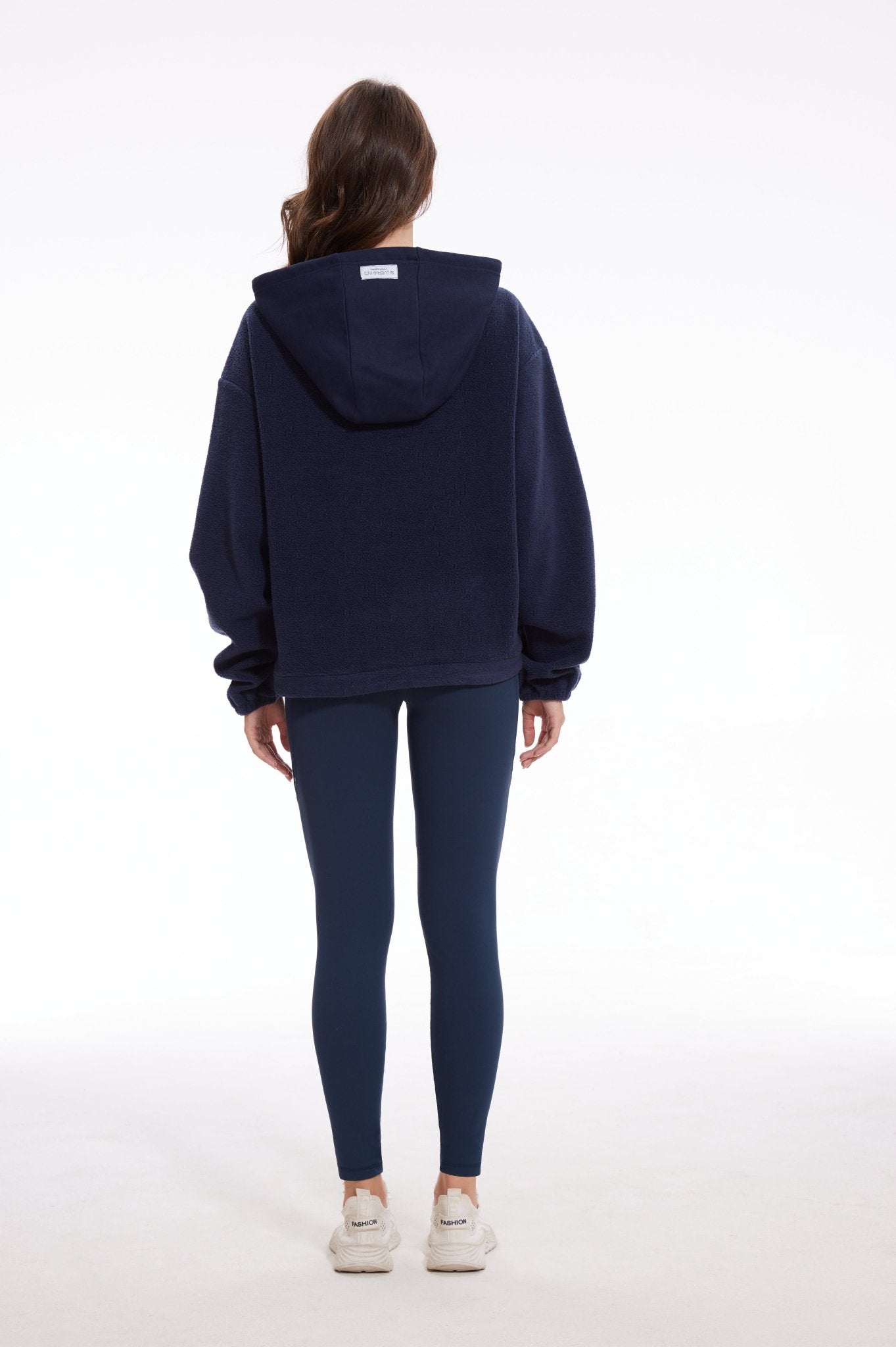 Ribbon Dropped Shoulder Loose Kangaroo Hooded Fleece Sweatshirt - Navy Blue - MYSILVERWIND