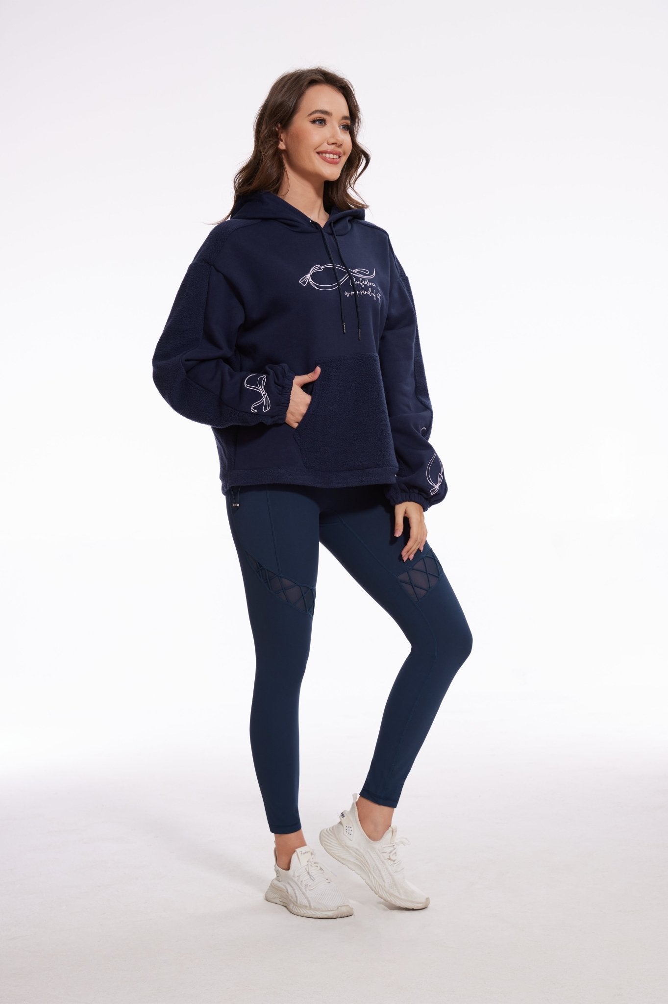 Ribbon Dropped Shoulder Loose Kangaroo Hooded Fleece Sweatshirt - Navy Blue - MYSILVERWIND