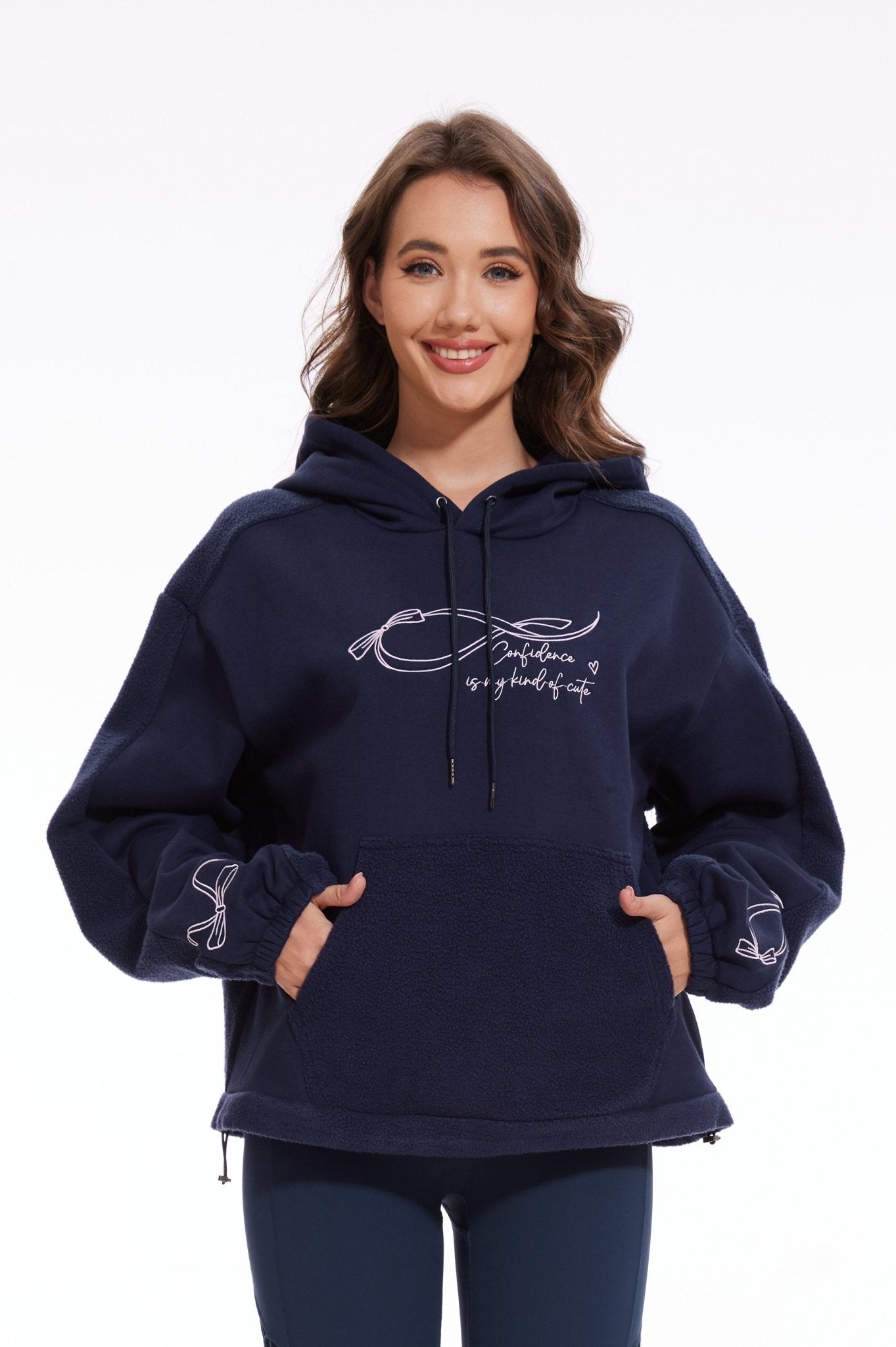 Ribbon Dropped Shoulder Loose Kangaroo Hooded Fleece Sweatshirt - Navy Blue - MYSILVERWIND