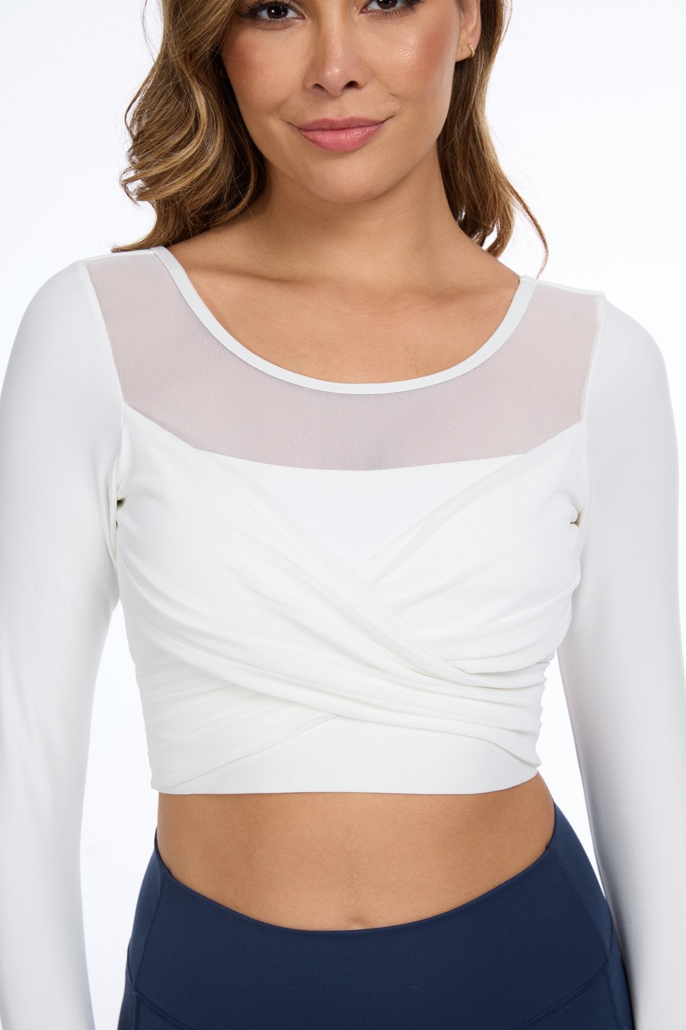 White Long - sleeve Crisscross Mesh Panels Top - MYSILVERWIND