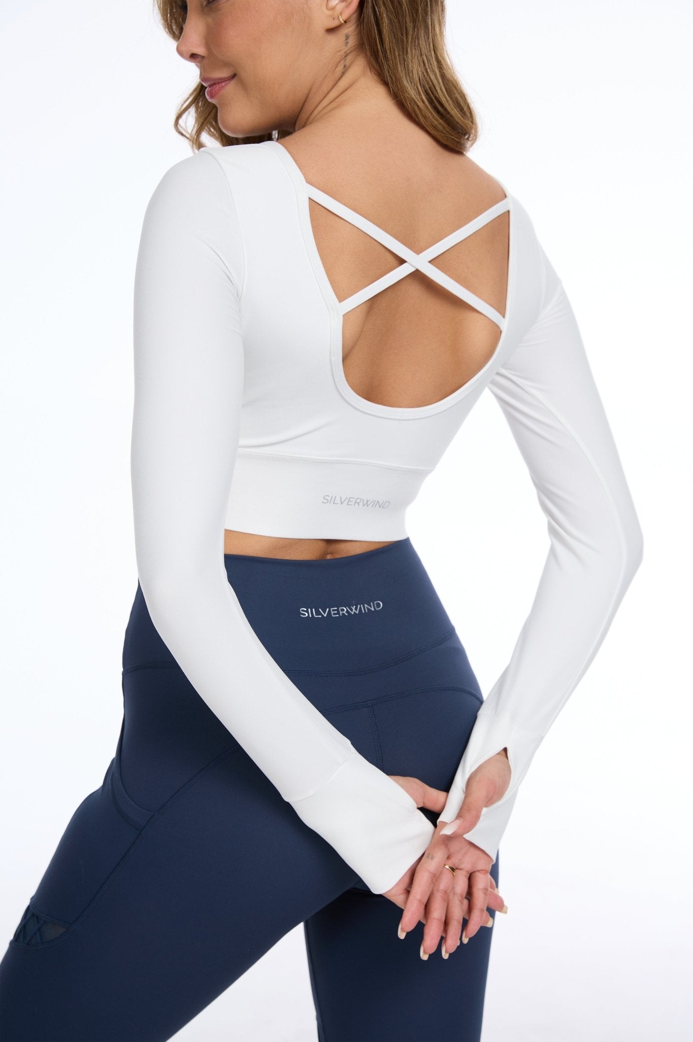 White Long - sleeve Crisscross Mesh Panels Top - MYSILVERWIND